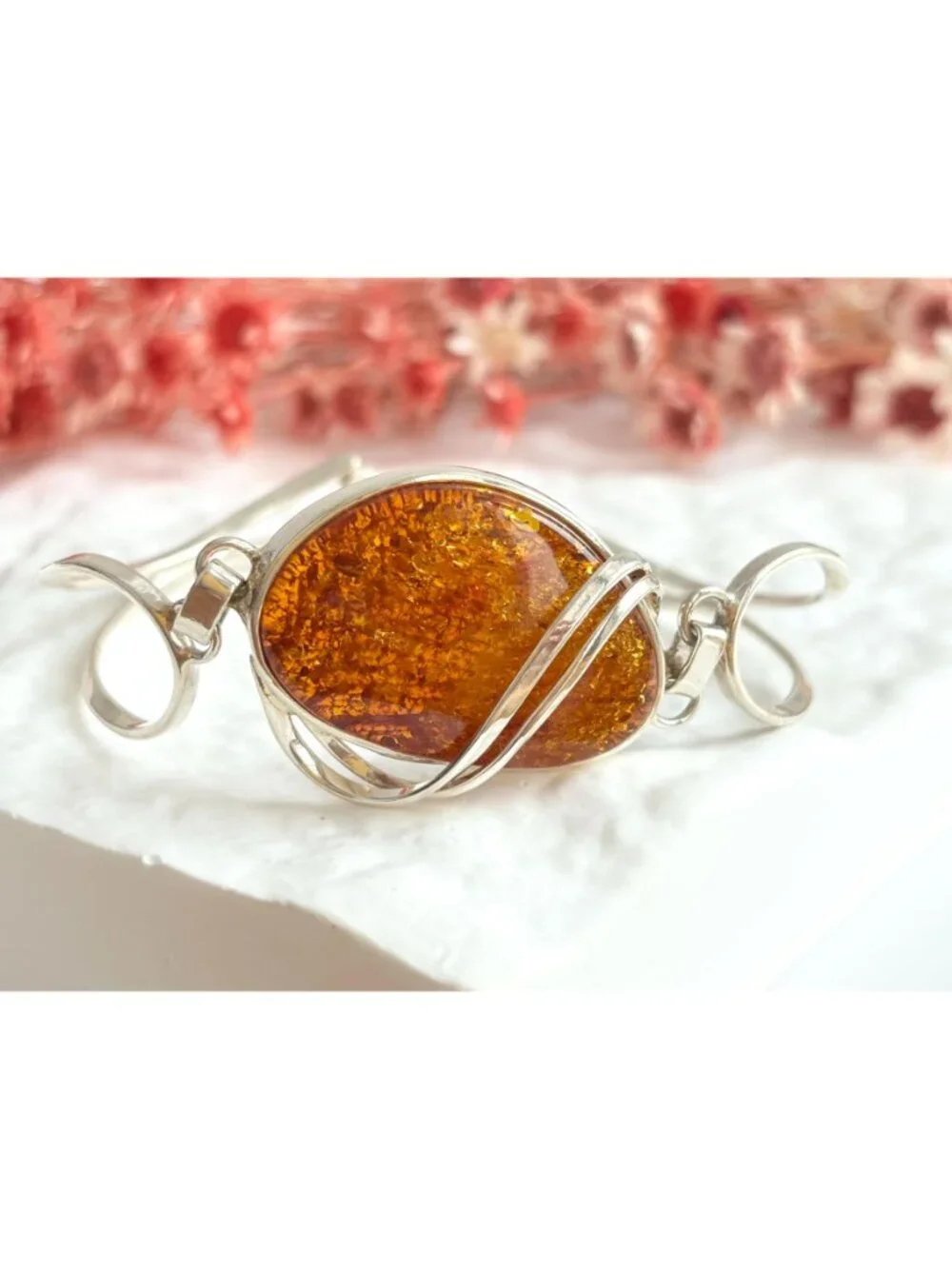 Baltic Amber Modernist Swirly Vintage Sterling Silver 925 Bangle Bracelet
